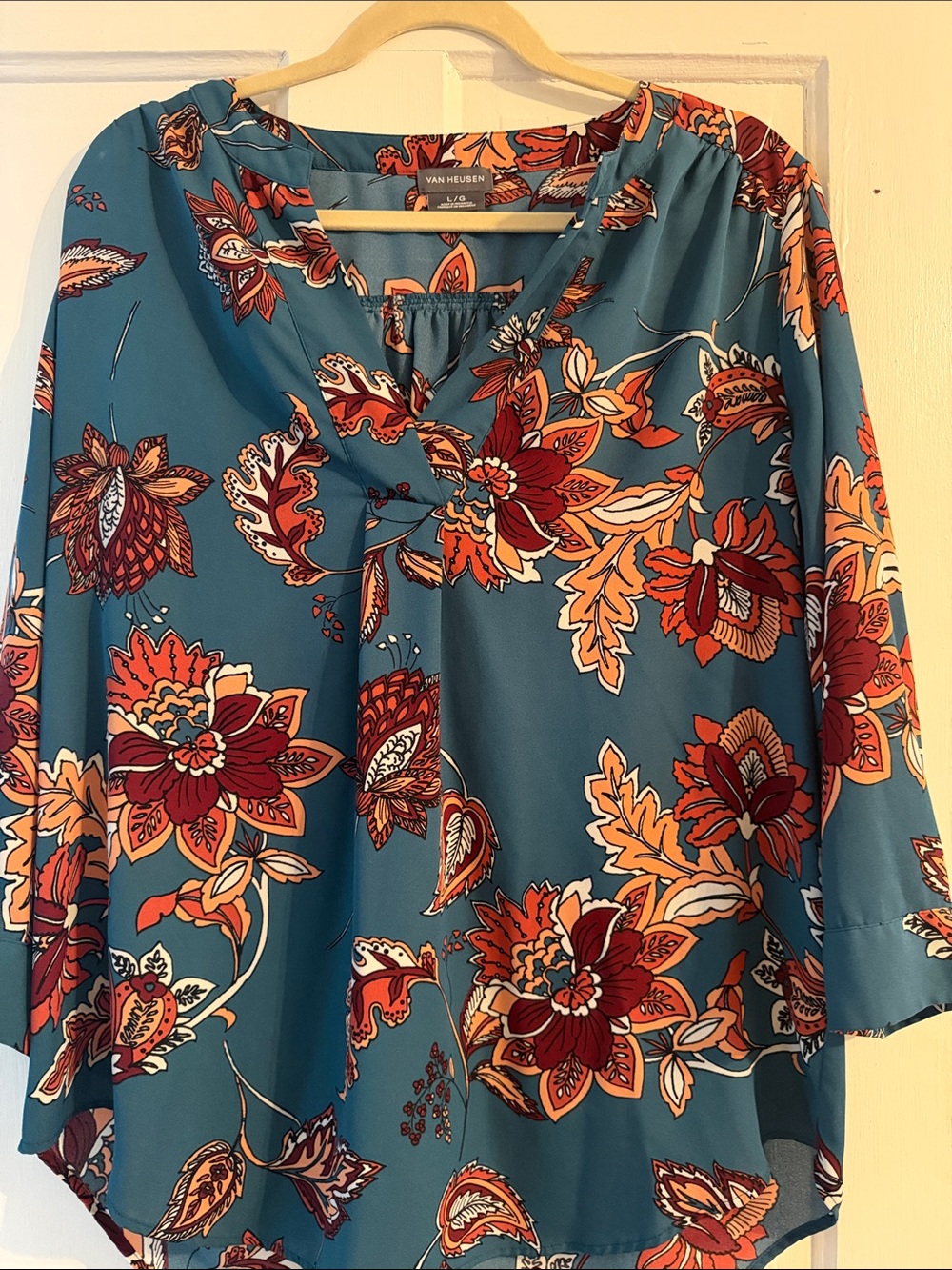 Van Heusen Teal Floral V-Neck Blouse with Bold Red and Orange Flowers